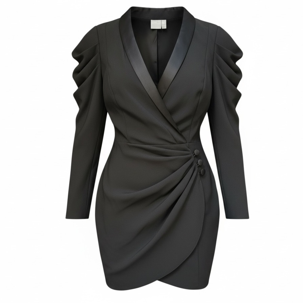 NWOT ASOS Drape Front Black Tuxedo Mini Dress Puff Sleeve Women’s Size 12